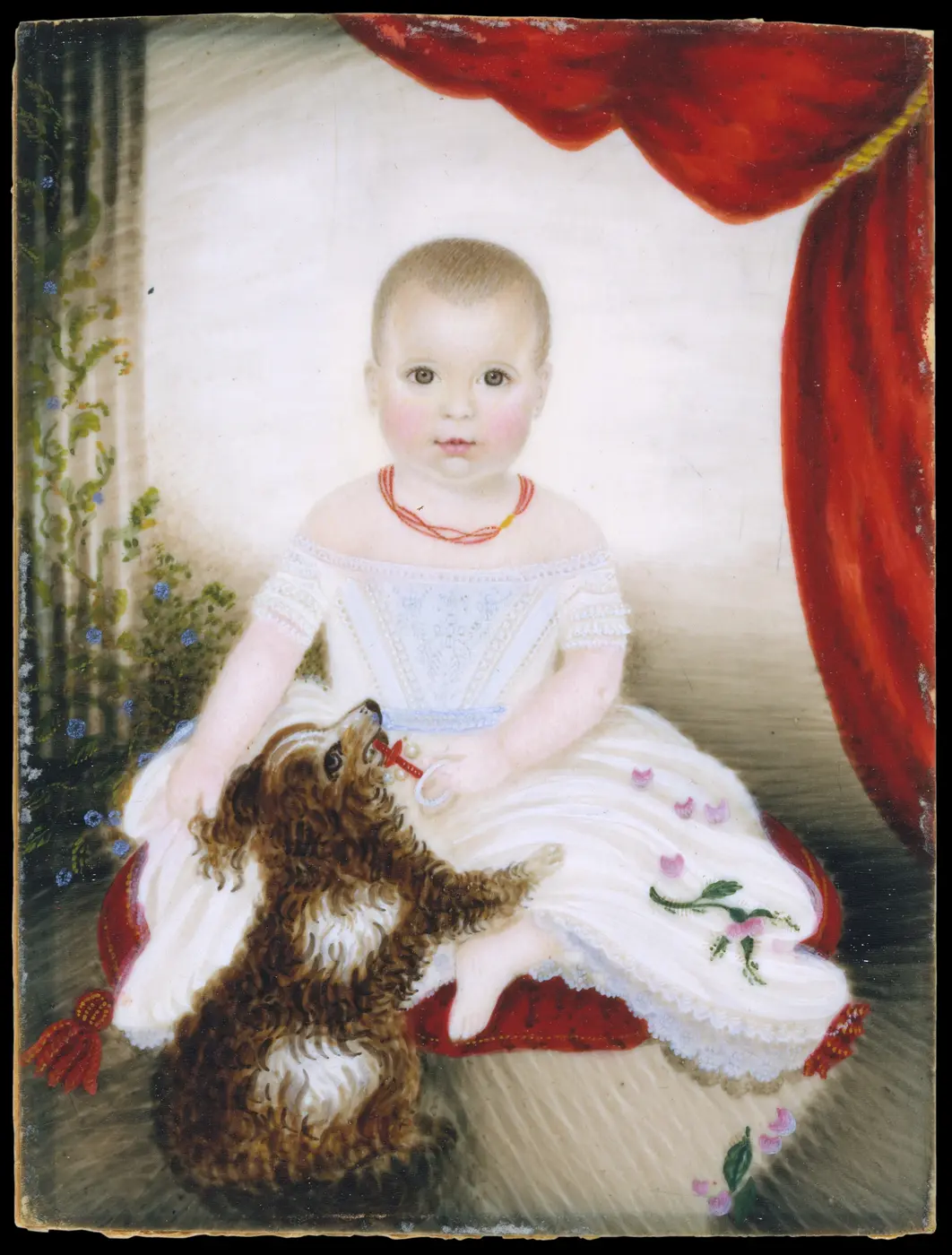 Niemowlę w białej sukience z grzechotką i psem, portret z 1842 r.