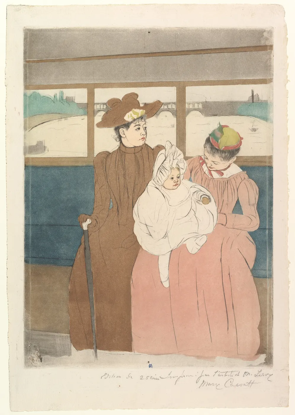 Dwie kobiety z niemowlęciem na kolanach jadą omnibusem, grafika Mary Cassatt